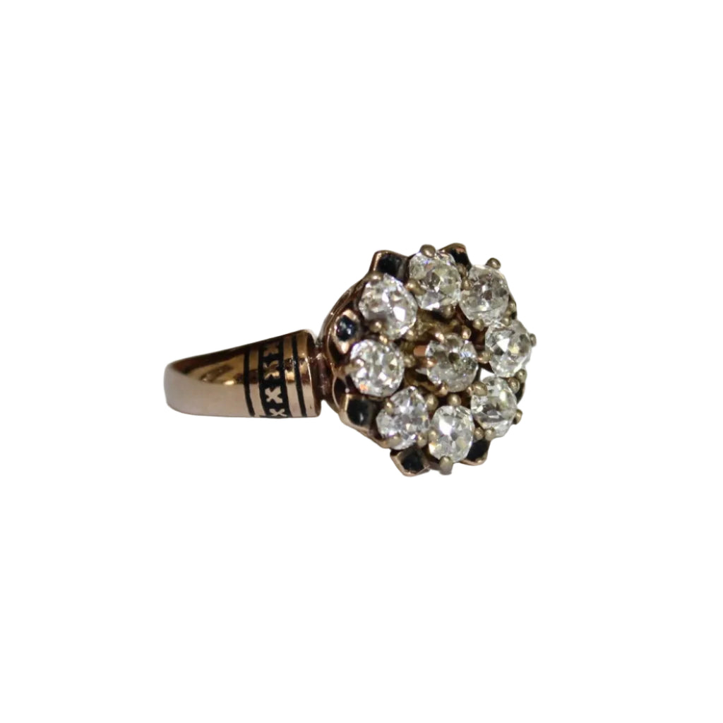 Ring with diamond-like stones on a white background
