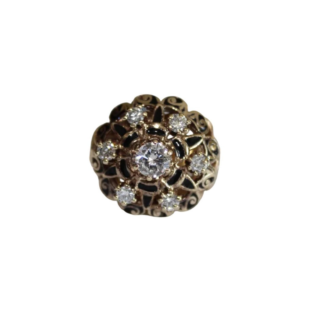 Gold ring with diamonds and black enamel accents 