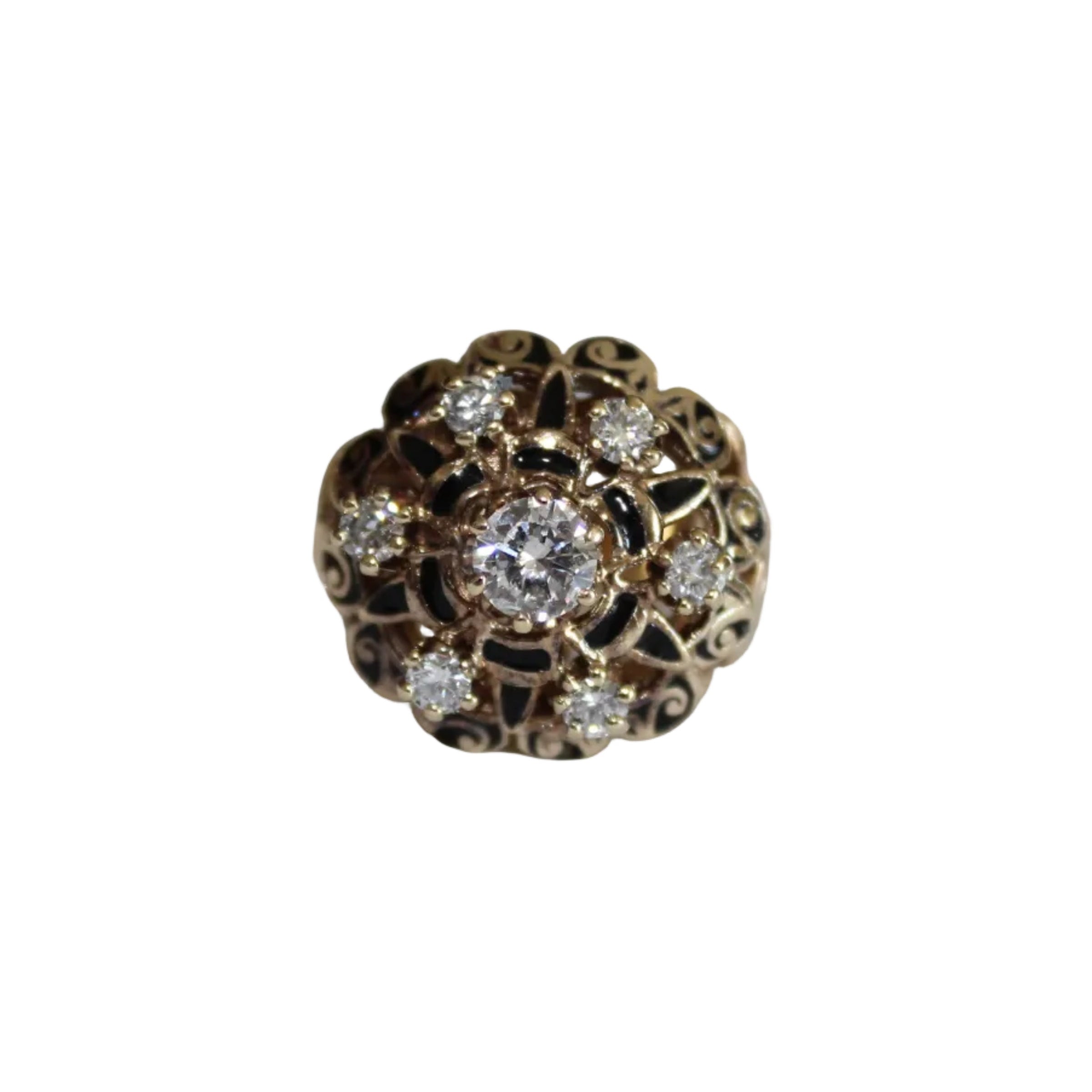 Gold ring with diamonds and black enamel accents 